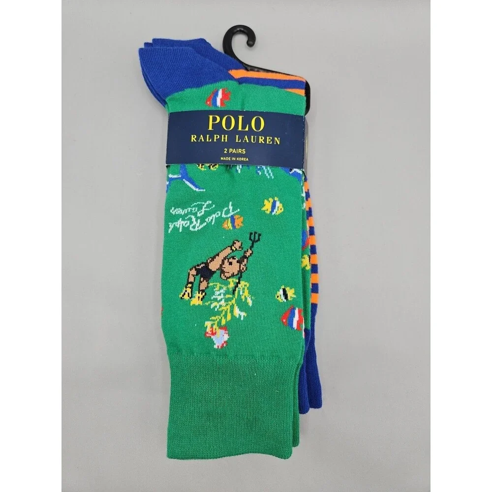 Polo Ralph Lauren Socks Mens 10-13 Green 2 Pair Polo Bear Preppy Diving Fish
